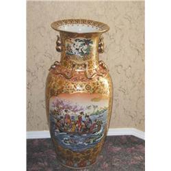Porcelain palace vase in basic apricot & gold, navy & red, decorated w/court ladies & cranes & gold 