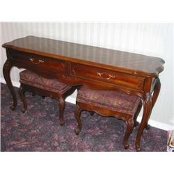 French Console Table w/2 drawers w/walnut burl top & cabriole legs w/2 matching benches - console is