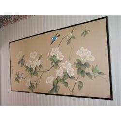 Hand painted wall screen w/blue birds & white flowers - 71" x 35.5" - w/hangers