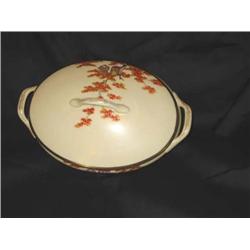 Antique (1930's) oval Chinese vegetable bowl in ivory porcelain decorated with rust & gold leaves & 