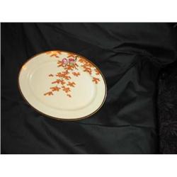 Antique (1930's) Chinese platter in ivory porcelain decorated with rust & gold leaves & fushia & blu