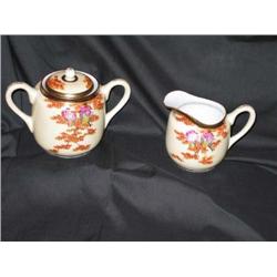 Antique (1930's) 3-piece sugar & creamer Chinese porcelain decorated with rust & gold leaves & fushi