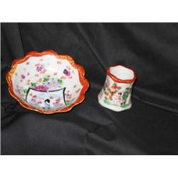 Japanese porcelain nut cup & toothpick holder handpainted court scenes multi colored