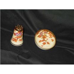 Salt dish & pepper shaker Antique (1930's) Chinese porcelain decorated with rust & gold leaves & fus