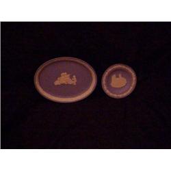 2 Wedgewood trays w/white on blue - larger one is cupid w/lyre 7.25" x 6" - smaller one is 4.5" diam