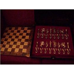 Greek chess set by Manopoulos in gold & silverplate w/17" square board in brown & gold oxidized meta