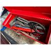 Image 4 : 2 RED TOOLBOXES. ASST DRILLS, SOLDER, SNIPS, SAWS, FILTER WRENCHES ETC