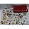 Image 1 : Lot of costume jewelry brooches, necklaces, etc. & Red jewelry box