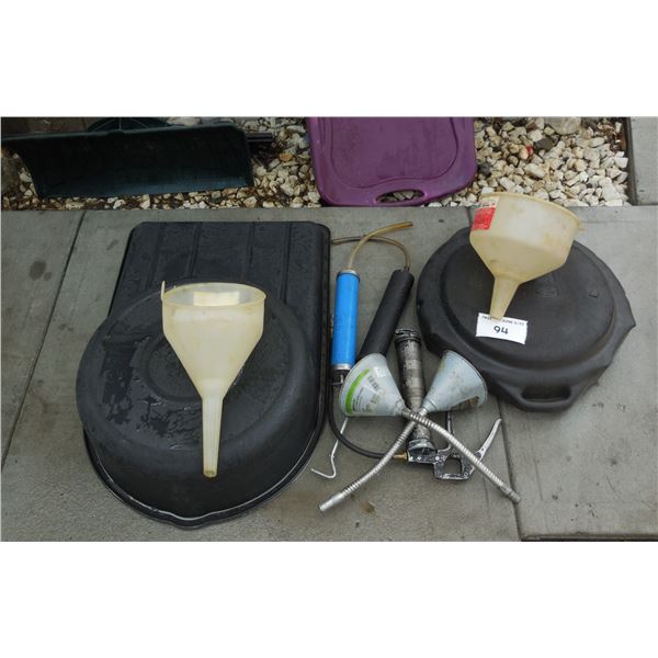 Lot of funnels/oil drain pans