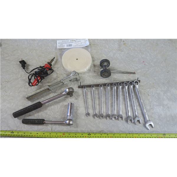 wrenches with rack, buffing wheel, marking tool, ratchets and soldering iron