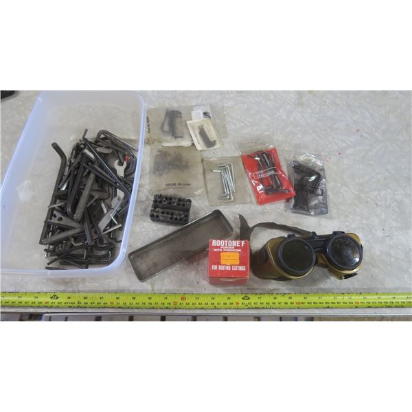 large bundle of allen keys + screw bits, rooting powder and welding goggles