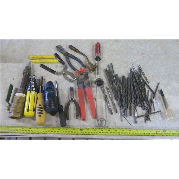 large bundle of drill bits + screwdrivers, pliers, laser level, blowtorch top, etc.