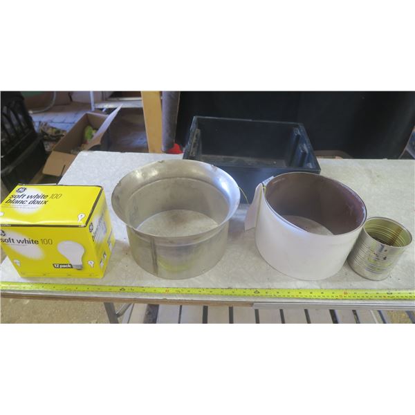 12 pack 100w lightbulbs, chimney piece, sheet metal and can of screws