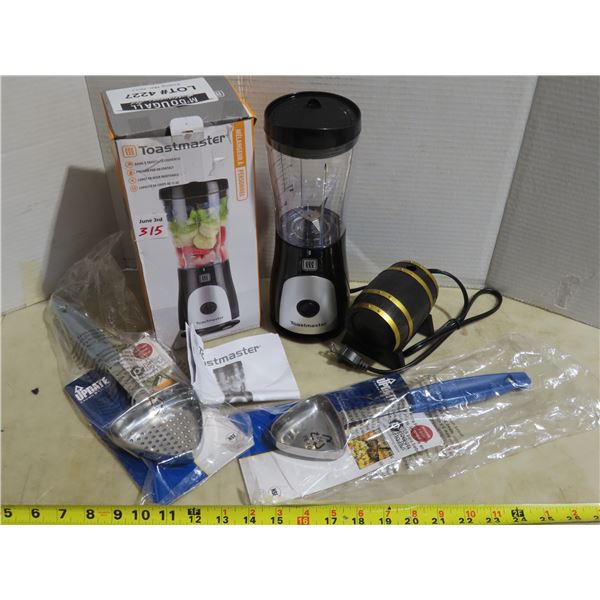 Assorted Kitchen tools: Toastmaster Personal blender, Unique toothpick dispenser, etc.