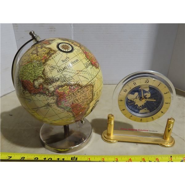 Small spinning world globe & World clock- perfect for any collector