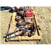 Image 2 : Pallet of misc items inlcuding jerry can , wheels and pump