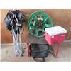 Image 1 : Lot of assorted items: Hose reel, mini cooler, bag, lawn chair and home made bench