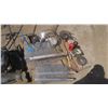 Image 1 : assorted pallet - wire fence, acetylene tank caps, large caster, tools, etc.