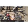 Image 3 : assorted pallet - wire fence, acetylene tank caps, large caster, tools, etc.