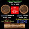 Image 1 : Mixed small cents 1c orig shotgun roll, 1919-s Wheat Cent, 1890 Indian Cent other end, Brinks Wrappe