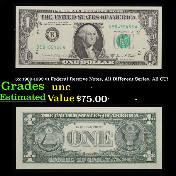 5x 1969-1993 $1 Federal Reserve Notes, All Different Series, All CU! Grades Brilliant Uncirculated