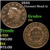 Image 1 : 1833 Coronet Head Large Cent 1c Grades f+