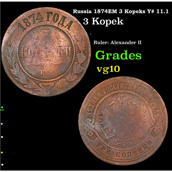 Russia 1874EM 3 Kopeks Y# 11.1 Grades vg+