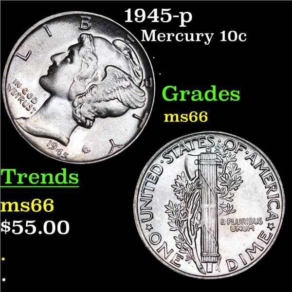 1945-p Mercury Dime 10c Grades GEM+ Unc