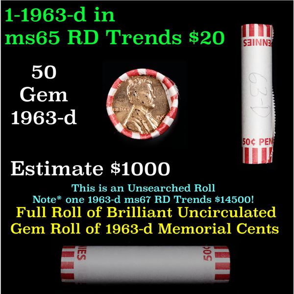 Shotgun Lincoln 1c roll, 1963-d 50 pcs Bank Wrapper.