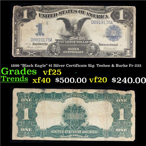 1899 "Black Eagle" $1 Silver Certificate Sig. Teehee & Burke Fr-233 Grades vf+