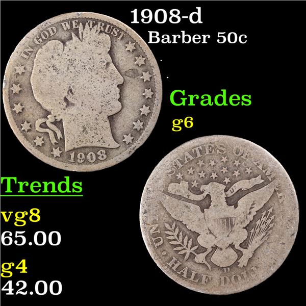 1908-d Barber Half Dollars 50c Grades g+