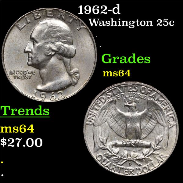 1962-d Washington Quarter 25c Grades Choice Unc