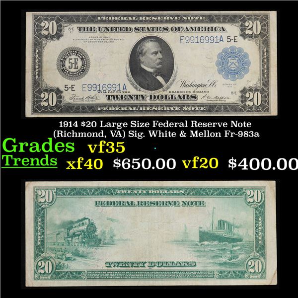 1914 $20 Large Size Federal Reserve Note (Richmond, VA) Sig. White & Mellon Fr-983a Grades vf++