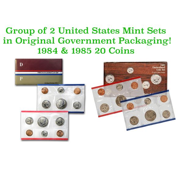 Group of 2 United States Mint Set in Original Government Packaging! From 1984-1985 with 20 Coins Ins