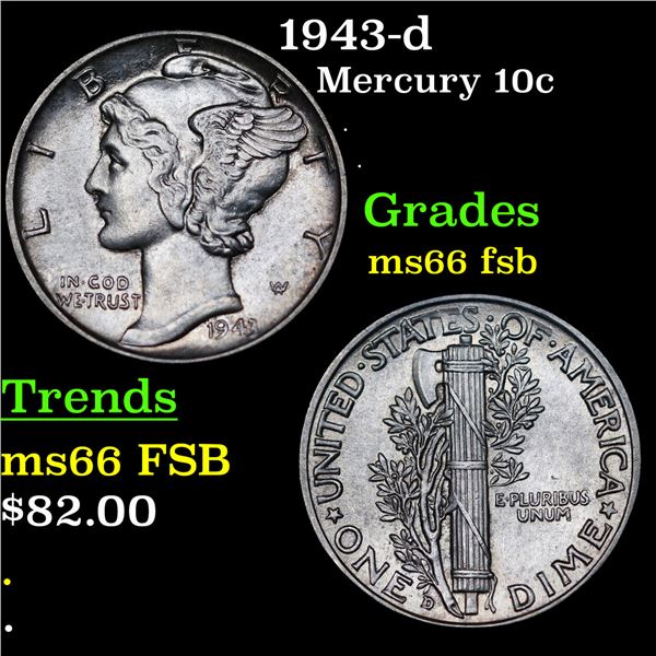 1943-d Mercury Dime 10c Grades GEM+ FSB