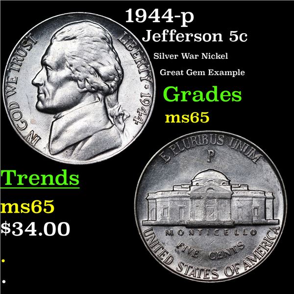 1944-p Jefferson Nickel 5c Grades GEM Unc