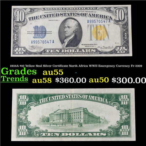 1934A $10 Yellow Seal Silver Certificate North Africa WWII Emergency Currency Fr-2309 Grades Choice 