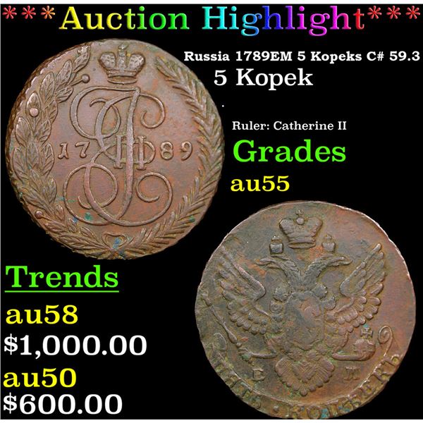 ***Auction Highlight*** Russia 1789?? 5 Kopeks C# 59.3 Grades Choice AU By SEGS (fc)