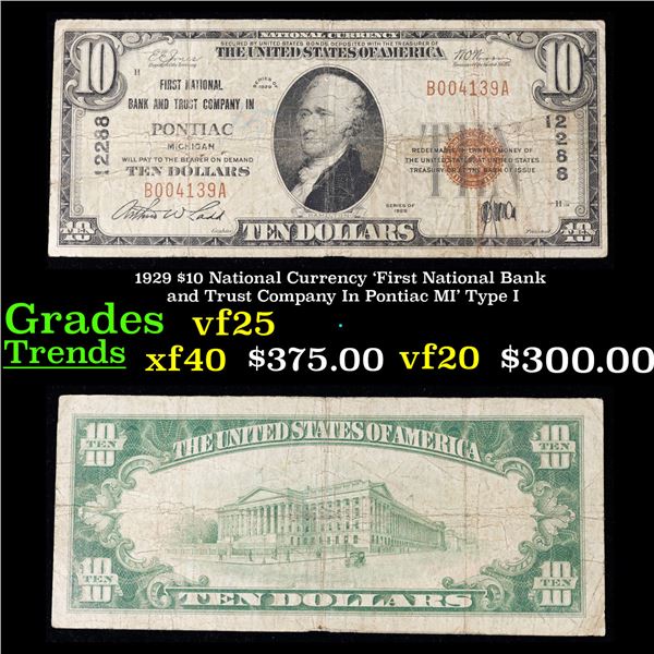 1929 $10 National Currency 'First National Bank and Trust Company In Pontiac MI' Type I Grades vf+