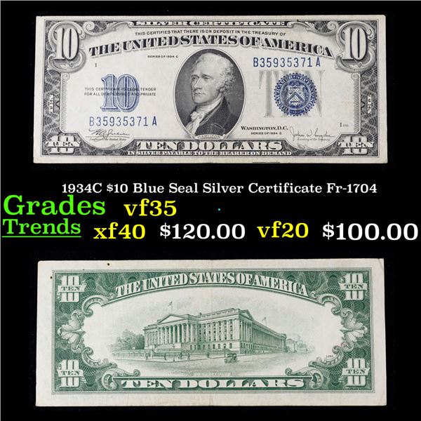 1934C $10 Blue Seal Silver Certificate Fr-1704 Grades vf++