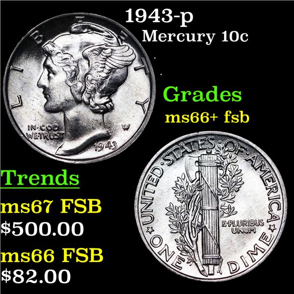 1943-p Mercury Dime 10c Grades GEM++ FSB