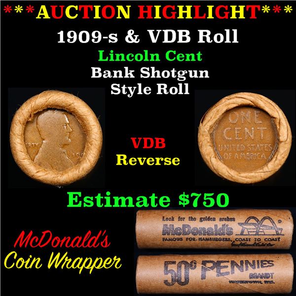 ***Auction Highlight*** Lincoln Wheat cent 1c orig Brandt McDonalds roll, 1909-s end, VDB other end 