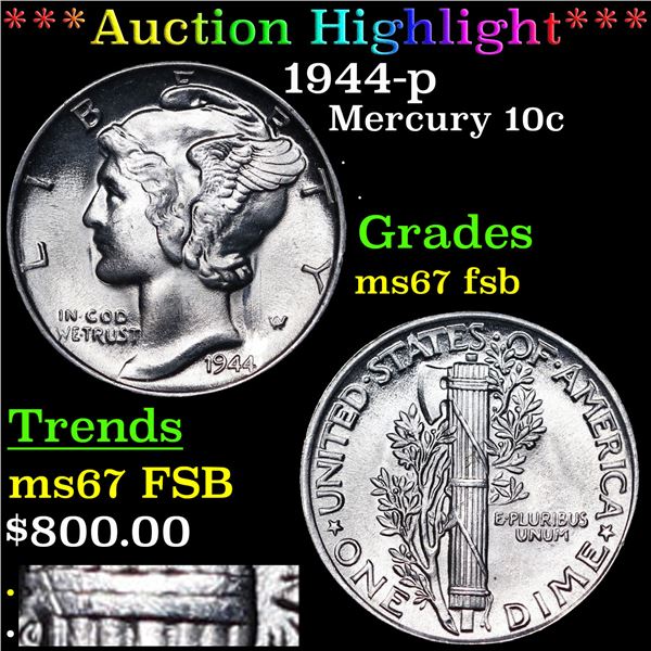 ***Auction Highlight*** 1944-p Mercury Dime 10c Graded GEM++ FSB BY USCG (fc)