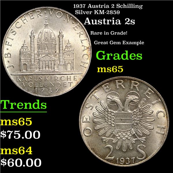 1937 Austria 2 Schilling Silver KM-2859 Grades GEM Unc
