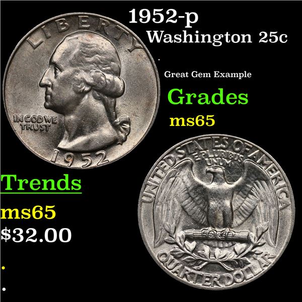 1952-p Washington Quarter 25c Grades GEM Unc