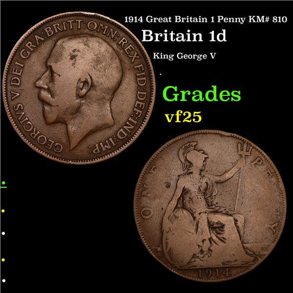 1914 Great Britain 1 Penny KM# 810 Grades vf+
