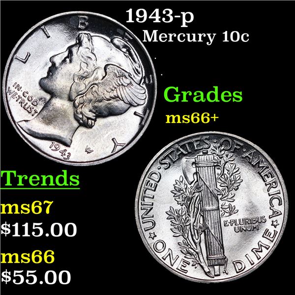 1943-p Mercury Dime 10c Grades GEM++ Unc