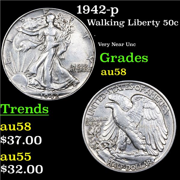 1942-p Walking Liberty Half Dollar 50c Grades Choice AU/BU Slider