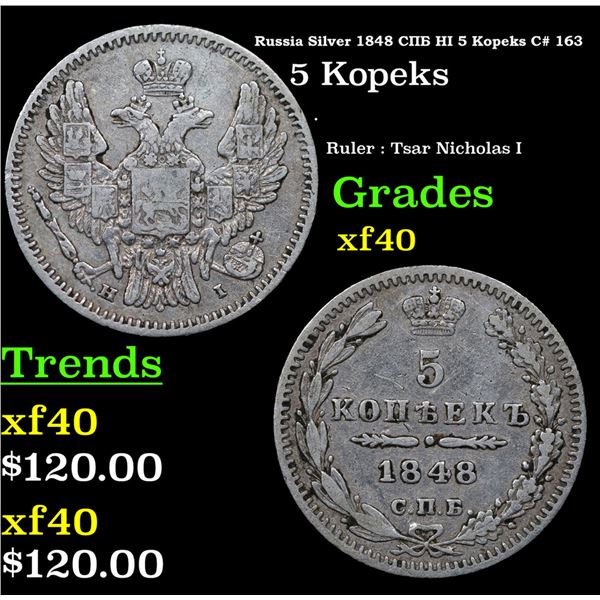 Russia Silver 1848 ??? ?? 5 Kopeks C# 163 Grades xf