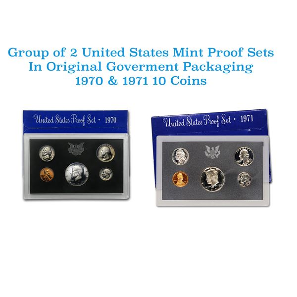 Group of 2 United States Mint Proof Sets 1970-1971. Contains 1970 Kennedy Half Dollar was struck in 